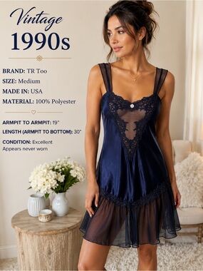 Vintage 90s TR Too Navy Satin Lace Chemise Nightgown USA M